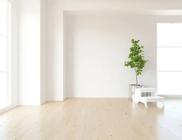 Idea of a white empty scandinavian room interior with plant on wooden floor  . Home nordic interior. 3D illustration - Illustration