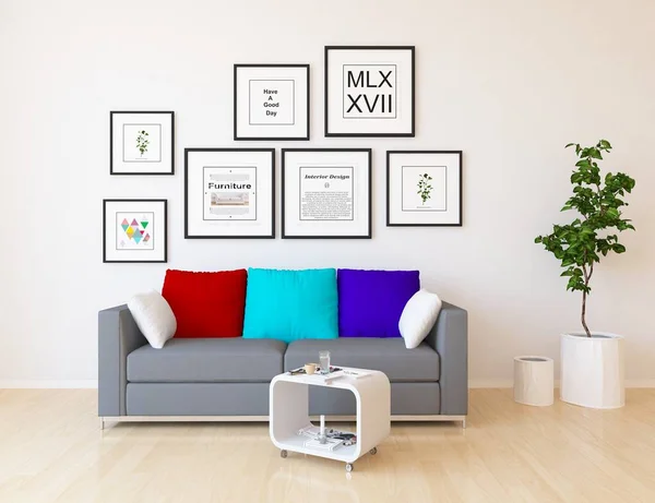 Idea of  scandinavian living room interior with sofa ,plant and wooden floor  . Home nordic interior. 3D illustration