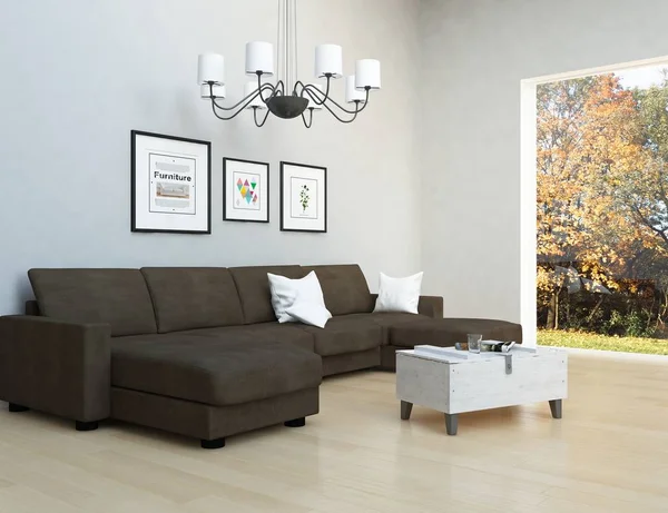 Ide Interior Ruang Tamu Skandinavia Dengan Sofa Dan Bantal Lantai — Stok Foto