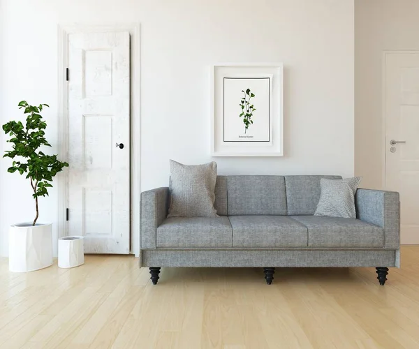 Pomysł Wnętrza Skandynawski Salon Sofą Roślin Drewniane Podłogi Strona Główna — Zdjęcie stockowe