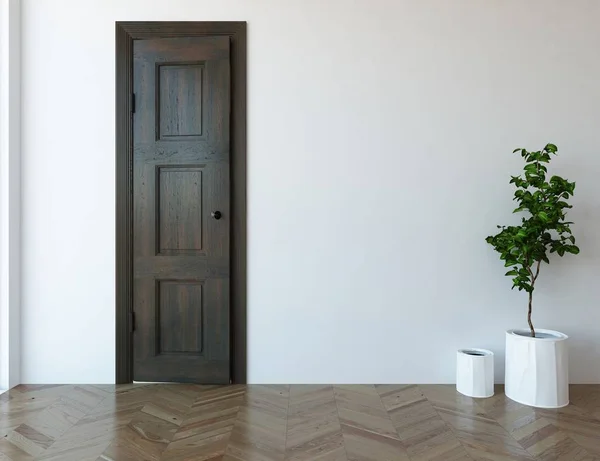 Idea of a white empty scandinavian room interior with plant and door  . Home nordic interior. 3D illustration - Illustration