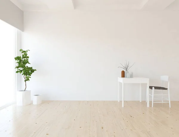 Idea of a white empty scandinavian room interior with plant ,chair and table on wooden floor  . Home nordic interior. 3D illustration - Illustration