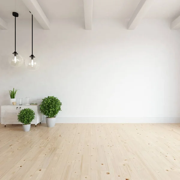 在木地板上的空斯堪的纳维亚房间内部的想法 家北欧内饰 — 图库照片