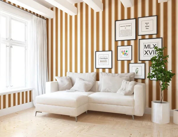 Idea of  scandinavian living room interior with sofa ,plant and wooden floor  . Home nordic interior. 3D illustration