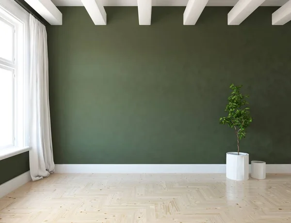 一个空荡荡的斯堪的纳维亚房间内部的想法与植物在木地板上 家北欧内饰 — 图库照片