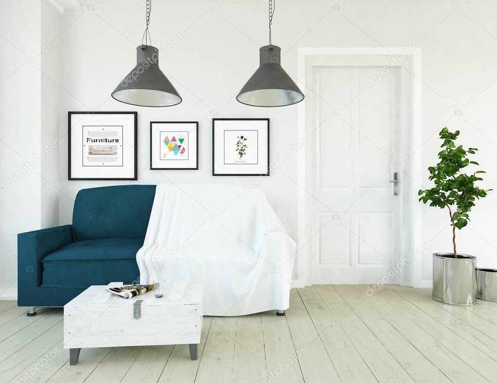 Idea of  empty scandinavian room interior with plant on wooden floor  . Home nordic interior. 3D illustration - Illustration