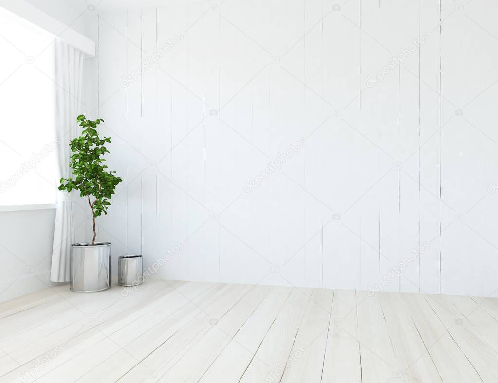 Idea of empty scandinavian room interior with plant on wooden floor  . Home nordic interior. 3D illustration - Illustration