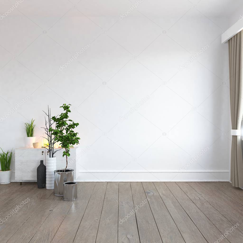 Idea of  empty scandinavian room interior with plants  on the wooden floor . Home nordic interior. 3D illustration