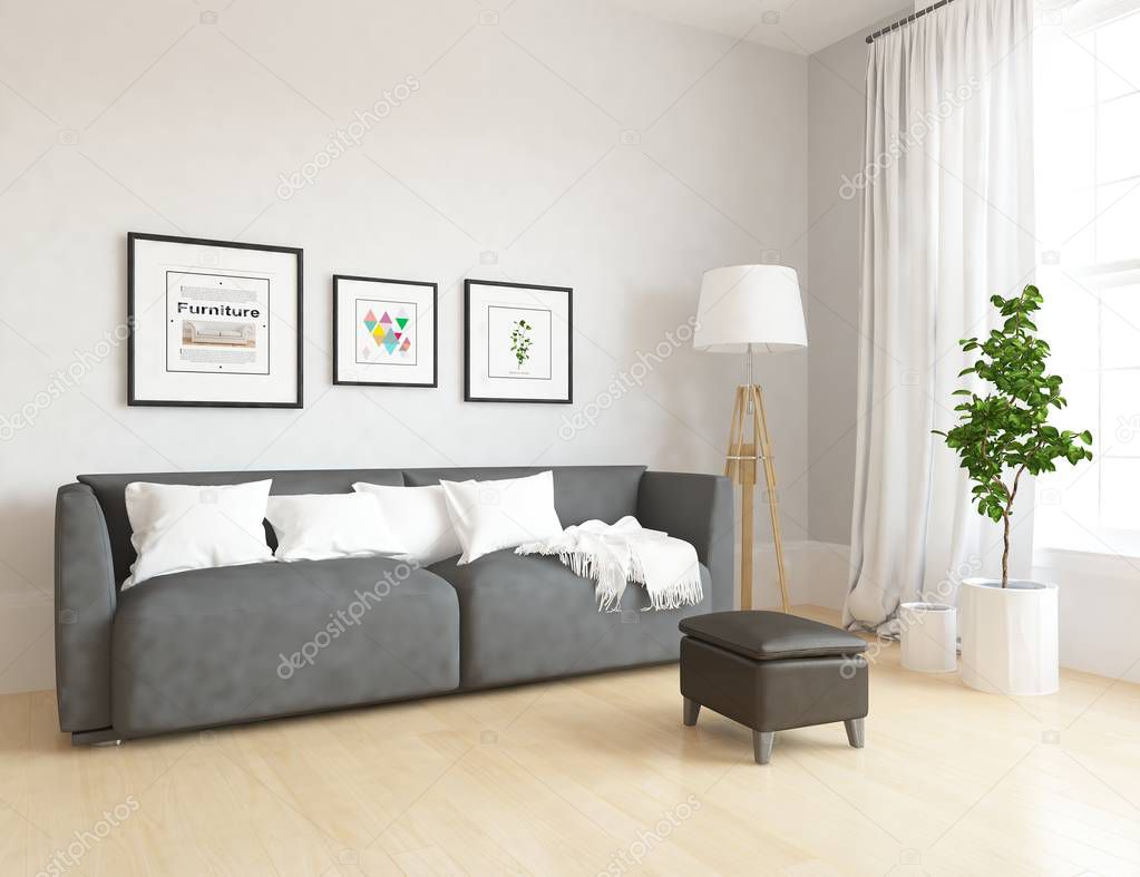Idea of  scandinavian living room interior with sofa ,plant and wooden floor  . Home nordic interior. 3D illustration 