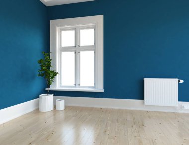 Boş İskandinav odası iç ahşap zemin üzerinde bitki ile fikir. Ev nordic iç. 3D çizim - illüstrasyon