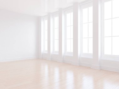 Beyaz Oda iç windows ile. İskandinav iç tasarım. 3D çizim