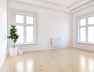 Boş İskandinav odası iç ahşap zemin üzerinde bitki ile fikir. Ev nordic iç. 3D çizim - illüstrasyon