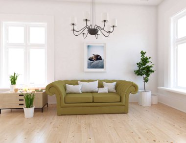 Bir İskandinav oturma odası iç kanepe, bitkiler ve ahşap zemin ile fikir. Ev nordic iç. 3D çizim 