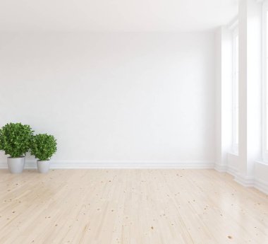 Boş İskandinav odası iç ahşap zemin üzerinde bitkiler ile fikir. Ev nordic iç. 3D çizim