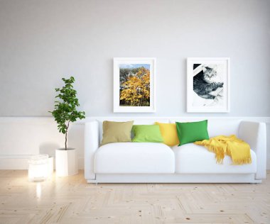 İskandinav oturma odası iç kanepe, bitki ve ahşap zemin ile fikir. Ev nordic iç. 3D çizim 