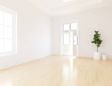 Boş İskandinav odası iç ahşap zemin üzerinde bitki ile fikir. Ev nordic iç. 3D çizim - illüstrasyon