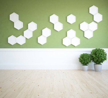 Boş İskandinav odası iç ahşap zemin üzerinde bitkiler ile fikir. Ev nordic iç. 3D çizim