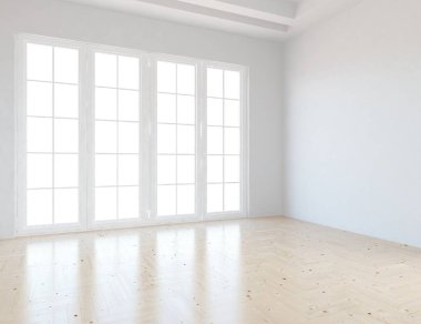 Beyaz Oda iç windows ile. İskandinav iç tasarım. 3D çizim