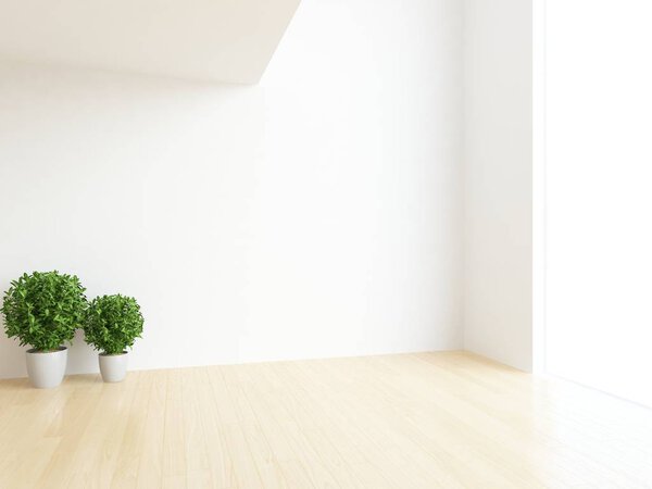 Idea of  empty scandinavian room interior with plants on the wooden floor . Home nordic interior. 3D illustration