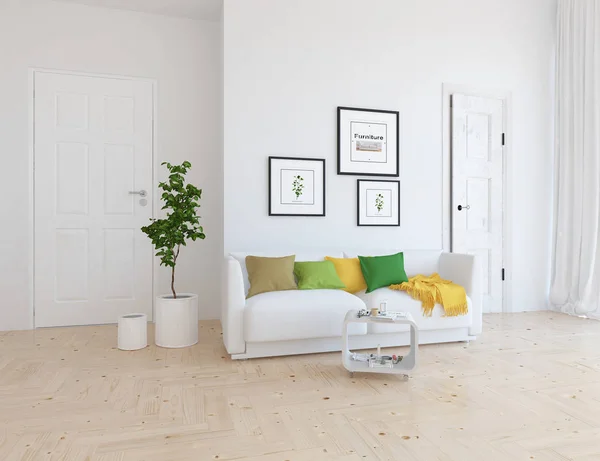 Idea of  scandinavian living room interior with sofa ,plant and wooden floor  . Home nordic interior. 3D illustration