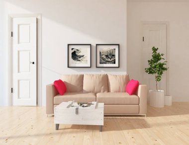 İskandinav oturma odası iç kanepe, bitki ve ahşap zemin ile fikir. Ev nordic iç. 3D çizim 