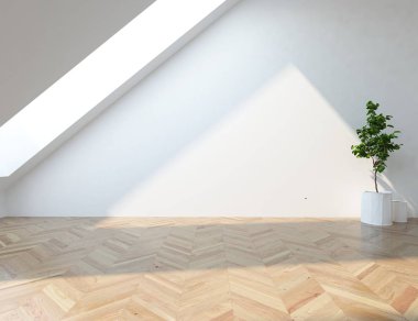 Boş İskandinav odası iç ahşap zemin üzerinde bitki ile fikir. Ev nordic iç. 3D çizim - illüstrasyon