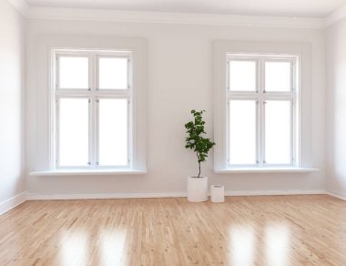 Boş İskandinav odası iç ahşap zemin üzerinde bitki ile fikir. Ev nordic iç. 3D çizim - illüstrasyon