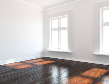 Beyaz Oda iç windows ile. İskandinav iç tasarım. 3D çizim