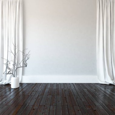 Boş İskandinav odası iç ahşap zemin üzerinde vazo ile fikir. Ev nordic iç. 3D çizim 