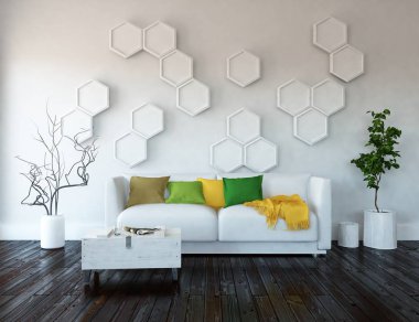 Bir İskandinav oturma odası iç kanepe, bitkiler ve ahşap zemin ile fikir. Ev nordic iç. 3D çizim 