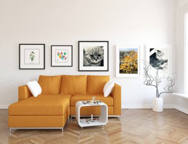 İskandinav oturma odası iç kanepe, bitki ve ahşap zemin ile fikir. Ev nordic iç. 3D çizim 