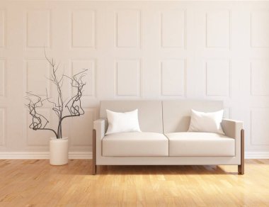 İskandinav oturma odası iç kanepe, bitki ve ahşap zemin ile fikir. Ev nordic iç. 3D çizim 