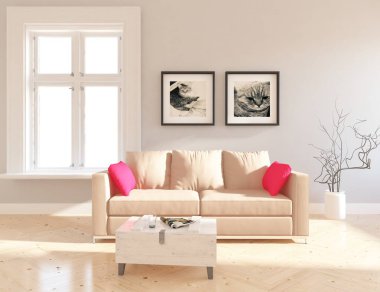 İskandinav oturma odası iç kanepe, bitki ve ahşap zemin ile fikir. Ev nordic iç. 3D çizim 