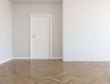 Boş İskandinav odası iç ahşap zemin ve büyük duvar kapı ile fikir. Ev nordic iç. 3D çizim