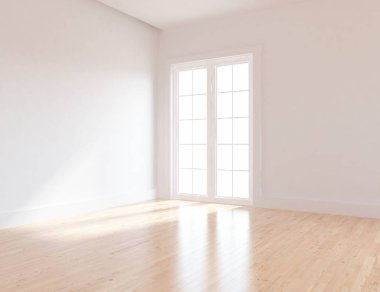 Oda iç pencere. İskandinav iç tasarım. 3D çizim