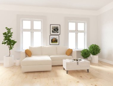 Bir İskandinav oturma odası iç kanepe, bitkiler ve ahşap zemin ile fikir. Ev nordic iç. 3D çizim 