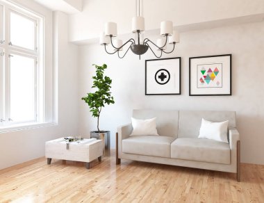 İskandinav oturma odası iç kanepe, bitki ve ahşap zemin ile fikir. Ev nordic iç. 3D çizim 