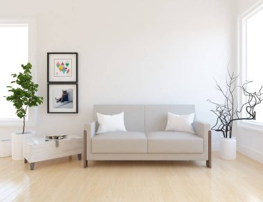 Bir İskandinav oturma odası iç kanepe, bitkiler ve ahşap zemin ile fikir. Ev nordic iç. 3D çizim 