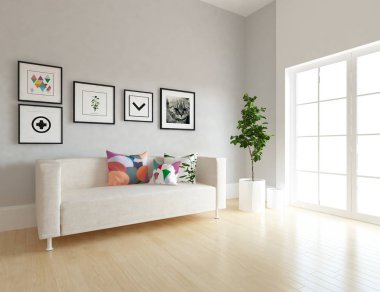 İskandinav oturma odası iç kanepe, bitki ve ahşap zemin ile fikir. Ev nordic iç. 3D çizim 