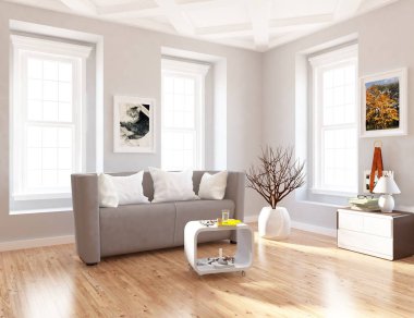 İskandinav oturma odası iç kanepe, bitki ve ahşap zemin ile fikir. Ev nordic iç. 3D çizim 