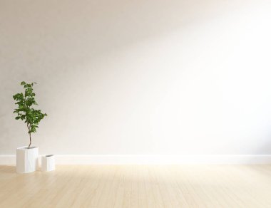 Boş İskandinav odası iç ahşap zemin üzerinde bitki ile fikir. Ev nordic iç. 3D çizim - illüstrasyon