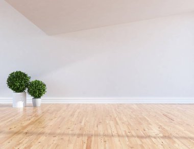 Boş İskandinav odası iç ahşap zemin üzerinde bitkiler ile fikir. Ev nordic iç. 3D çizim