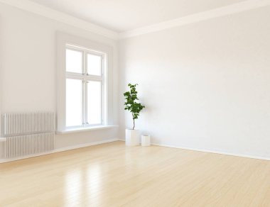 Boş İskandinav odası iç ahşap zemin üzerinde bitki ile fikir. Ev nordic iç. 3D çizim - illüstrasyon