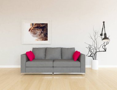 İskandinav oturma odası iç kanepe, bitki ve ahşap zemin ile fikir. Ev nordic iç. 3D çizim 