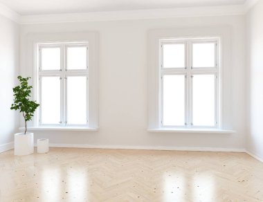 Boş İskandinav odası iç ahşap zemin üzerinde bitki ile fikir. Ev nordic iç. 3D çizim - illüstrasyon