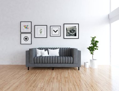 İskandinav oturma odası iç kanepe, bitki ve ahşap zemin ile fikir. Ev nordic iç. 3D çizim 