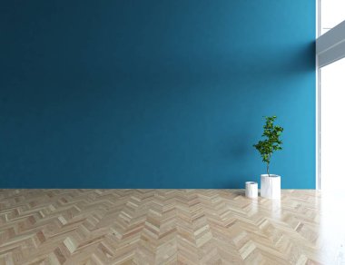 Boş İskandinav odası iç ahşap zemin üzerinde bitki ile fikir. Ev nordic iç. 3D çizim - illüstrasyon