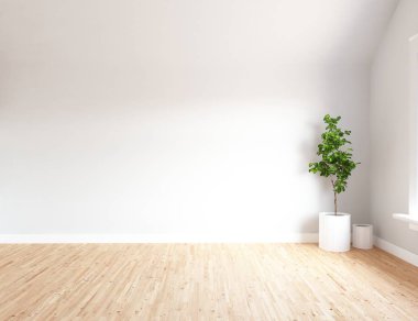 Boş İskandinav odası iç ahşap zemin üzerinde bitki ile fikir. Ev nordic iç. 3D çizim - illüstrasyon