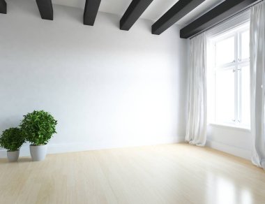 Boş İskandinav odası iç ahşap zemin üzerinde bitkiler ile fikir. Ev nordic iç. 3D çizim