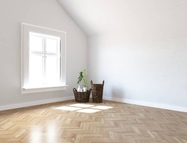 Boş İskandinav odası iç ahşap zemin üzerinde bitkiler ile fikir. Ev nordic iç. 3D çizim